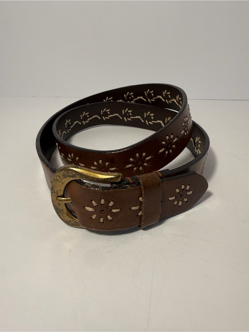 🌾 VTG Brown Leather Western Floral Embroidered Whipstitch Belt M 🌾